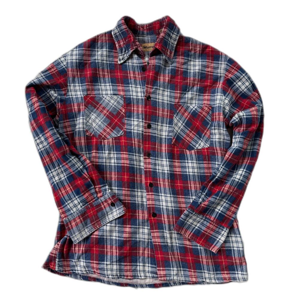 Wedgefield Vintage 90s Plaid Flannel Shirt Red Blue 100% Cotton - Medium